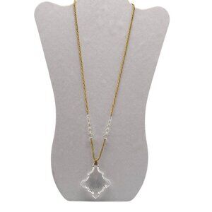 Vintage Crystal Quartz Pendant Necklace With Gold Tone Chain Clear Accent Beads
